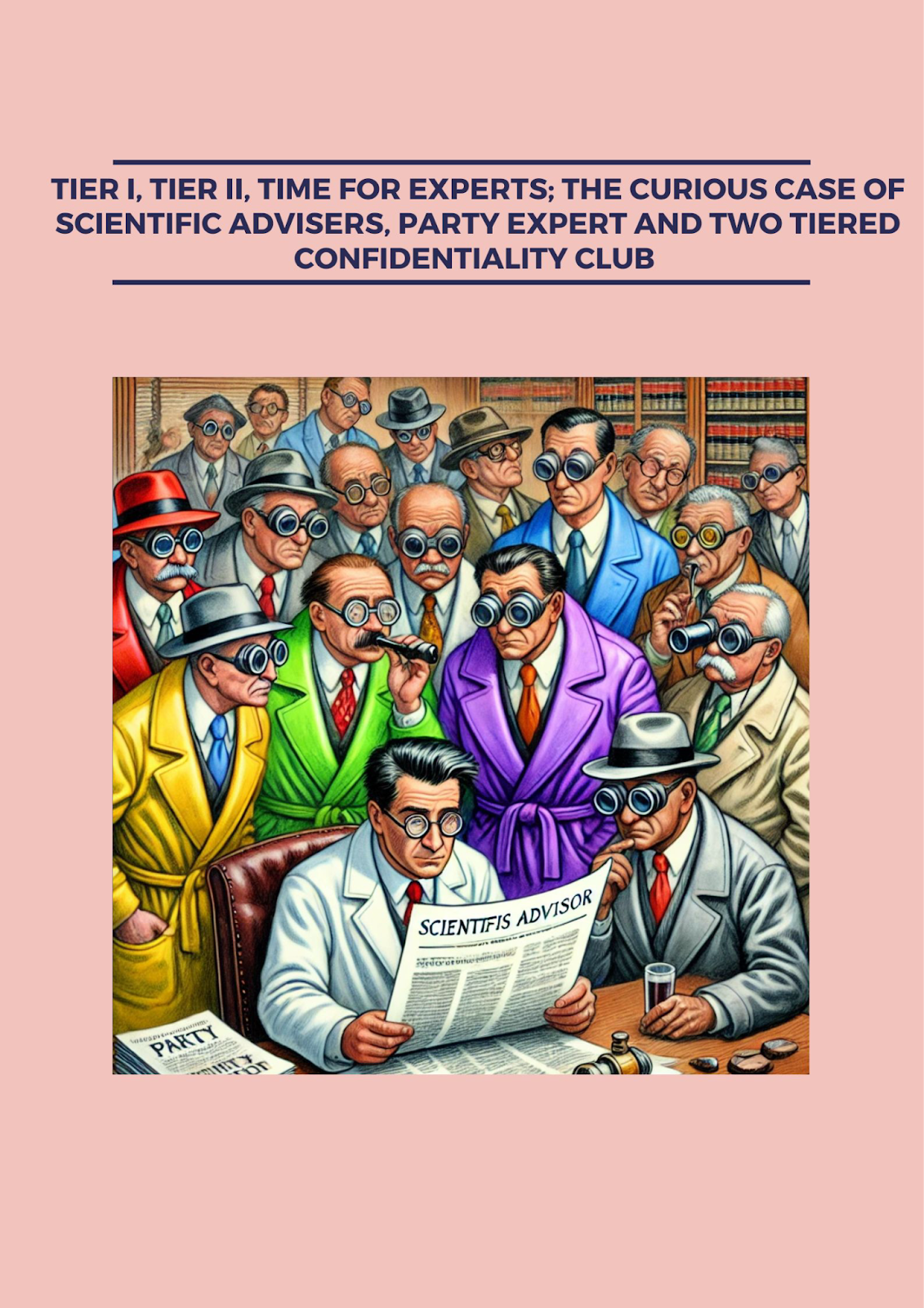 Photograph of a Scientific Advisor reading a paper while Expert Members with goggles are peering in. 
