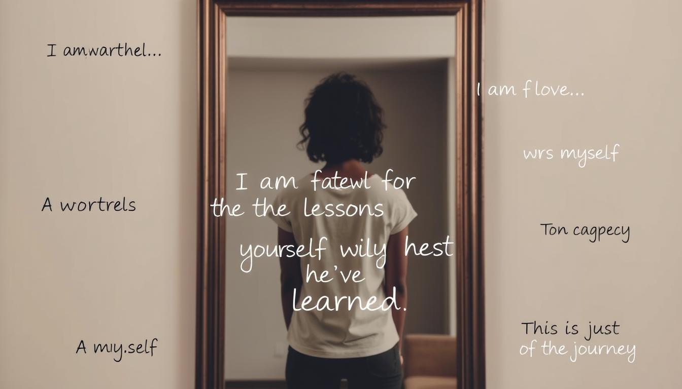 An image of a person standing confidently in front of a mirror, reflecting on their journey. The mirror reflects their past relationship, but in the reflection, the words "I am grateful for the lessons I've learned" are written. The person is surrounded by positive affirmations, such as "I am worthy of love," "I choose myself," and "This is just the beginning of my journey." The overall mood should be empowering and hopeful.