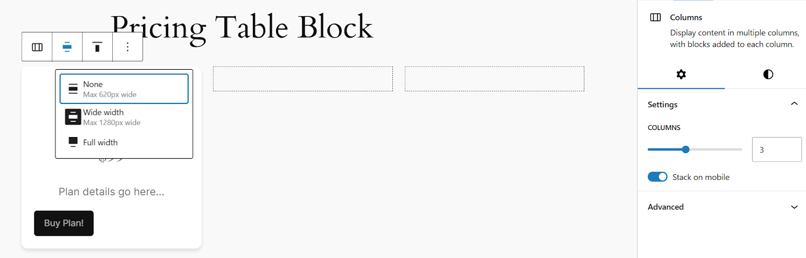 Setting the number of columns for the custom pricing table block to three.