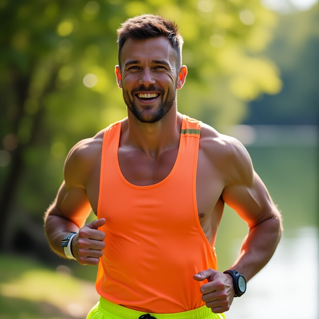 Happy and energetic man jogging outdoors, embracing physical activity as a positive coping mechanism after a breakup.