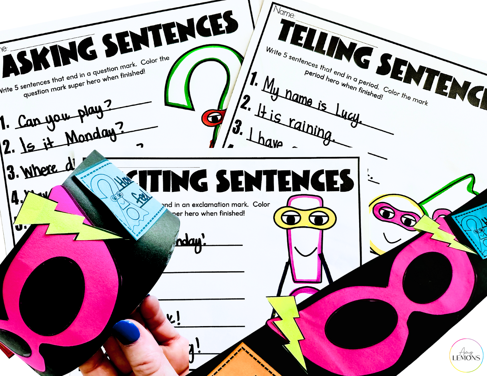 Sentence writing activities featuring a sentence super hero hat craft and sentence making worksheets