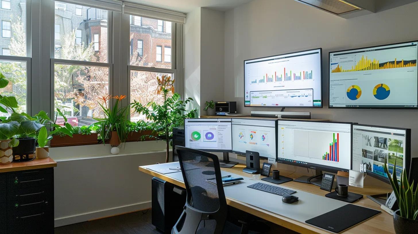 a sleek, modern office workspace showcases multiple computer screens displaying graphs and metrics illustrating significant improvements in image loading times and optimization strategies, illuminated by bright, artificial lighting that highlights the high-tech environment.