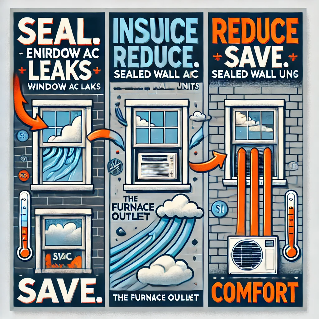 Illustration of HVAC metrics using digital meters and efficiency icons, styled in The Furnace Outlet colors, with the phrase “Measure. Compare. Rate. Choose. Save.