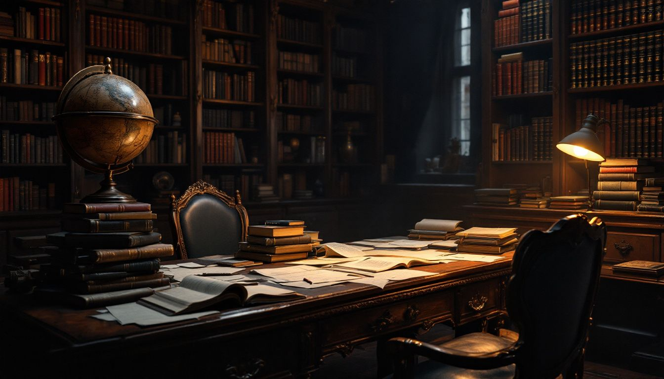 An academic writing scene with various scholarly sources open on a table.