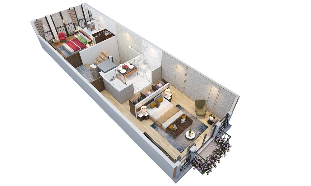 Mặt bằng 3D Shoptel 5x20m T2