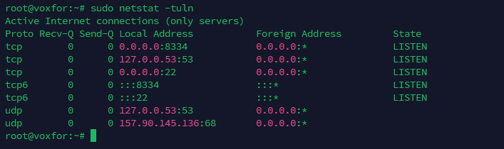 Command sudo netstat -tuln output showing active internet connections and open ports on the VPS