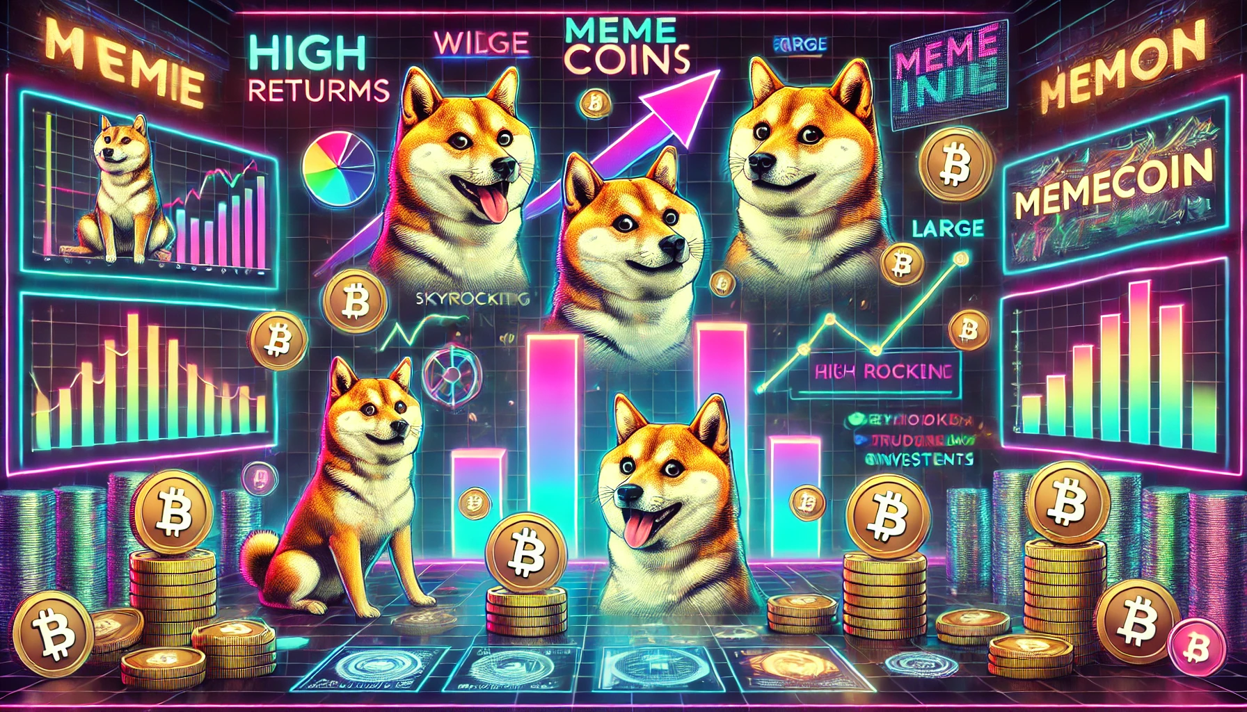 Shiba Inu cryptocurrency memecoins with financial charts, rising trends, stacked coins, and vibrant graphics representing high returns and market potential.