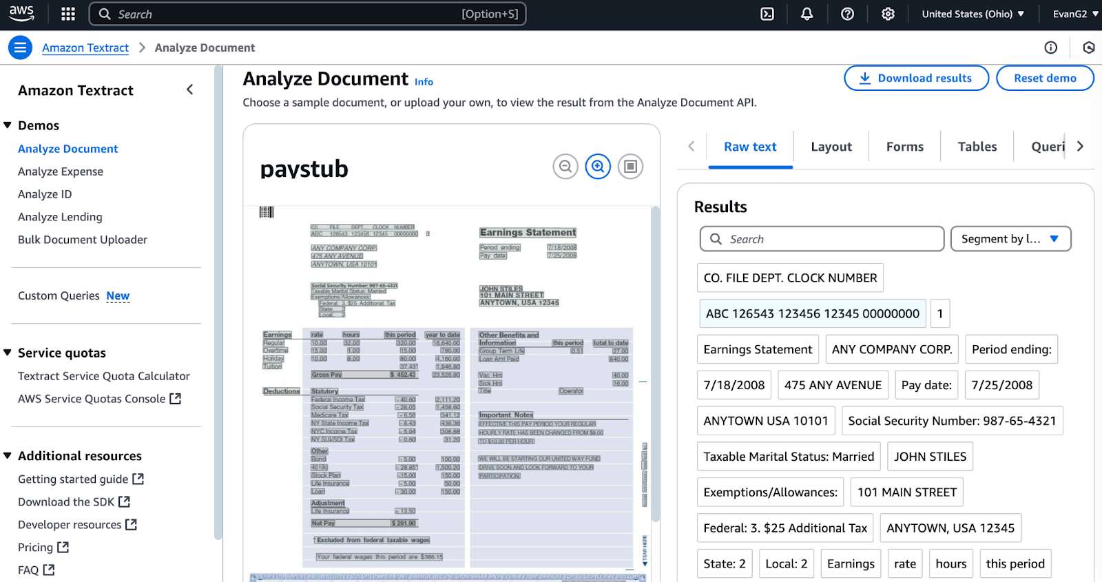 Amazon Textract document analyzer feature.