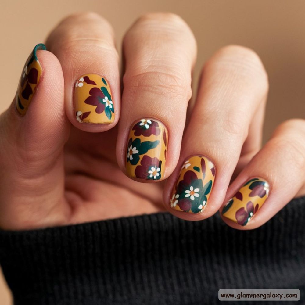 Short Fall Nail having Skittle Floral Nail Art
