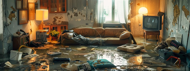 a flooded living room with damaged furniture and electronics, highlighting the importance of contents coverage in flood insurance.