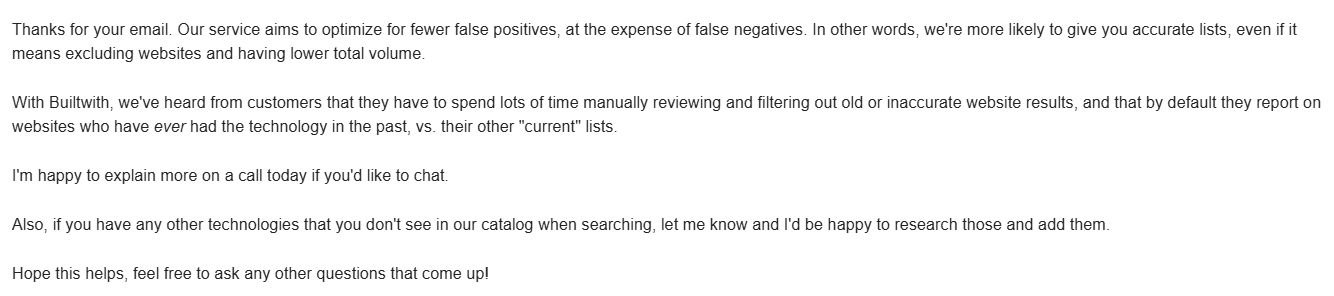 Email exchange with David Bielik comparing NerdyData and BuiltWith