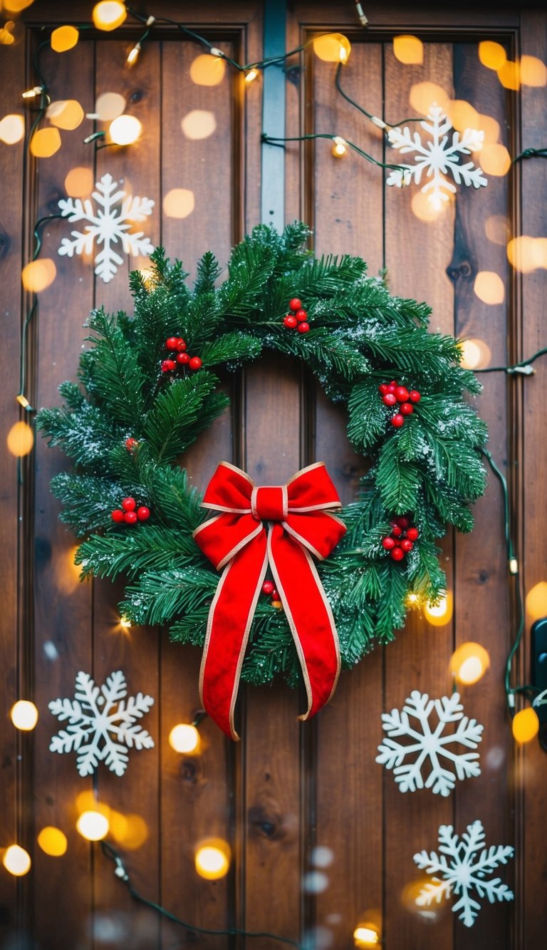 A festive holly wreath hangs on a rustic wooden door, surrounded by twinkling lights and snowflakes