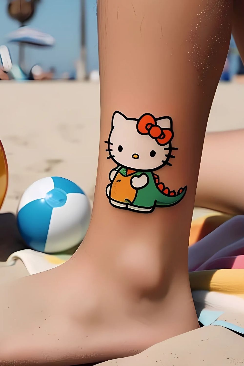 Hello Kitty in a Dinosaur Costume Tattoo