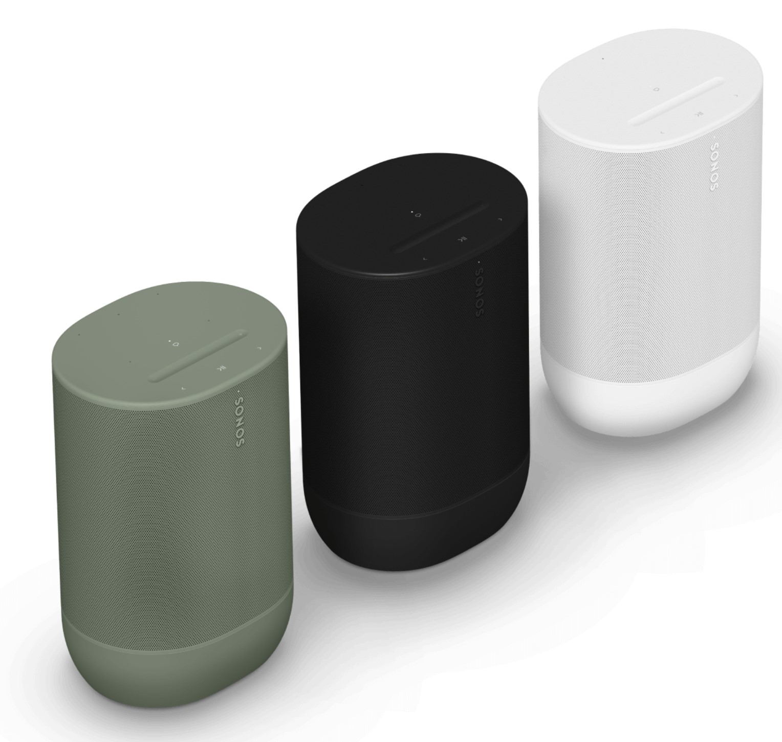 Sonos Move 2 in three different colors: Green, Black, and White.