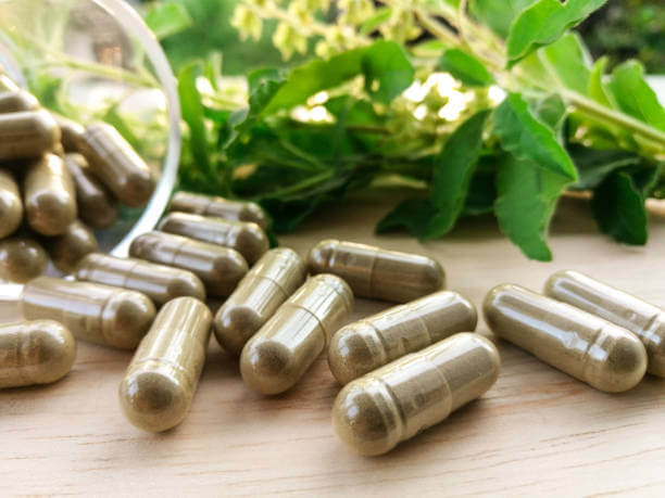 A close-up image of holy basil capsules on a flat surface, showcasing their natural, herbal appearance.