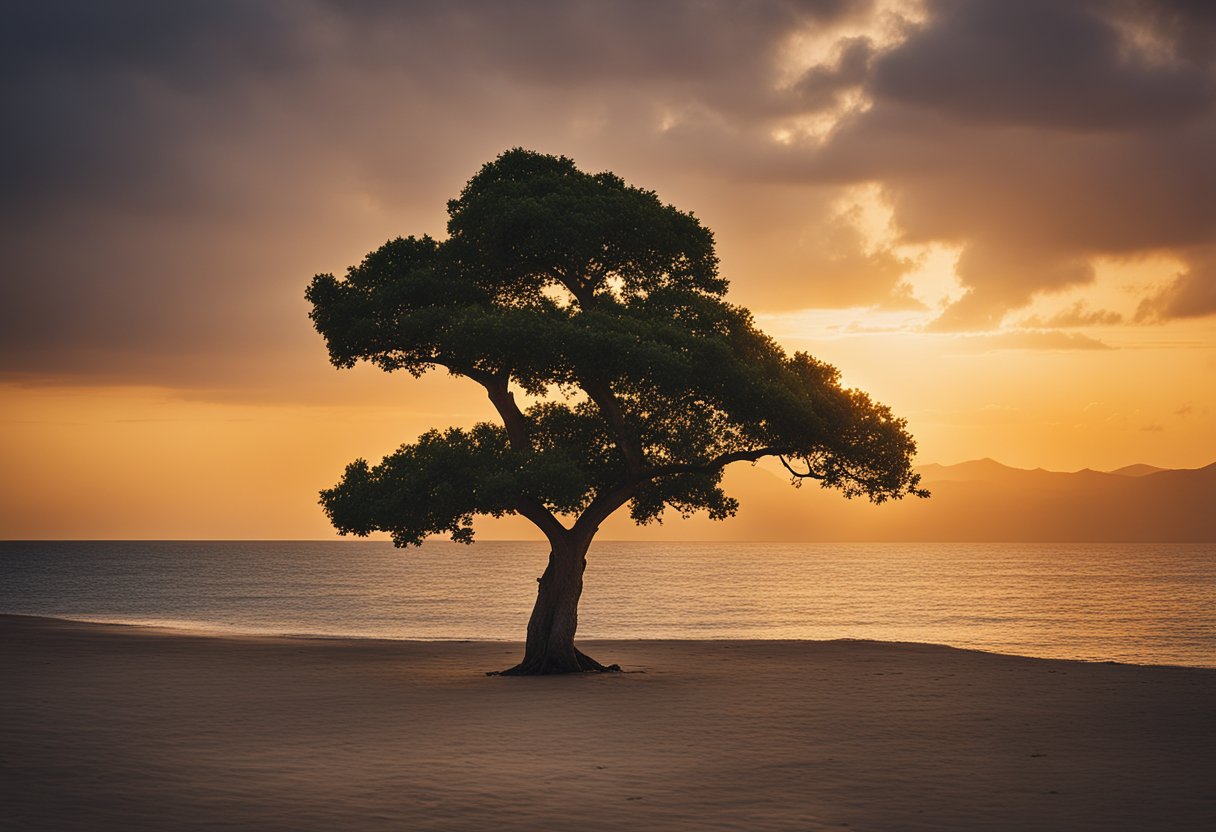 A serene, golden sunset over a calm ocean, with a single tree standing tall and strong on the shore. (Psalm 46:1-3, Isaiah 41:10)