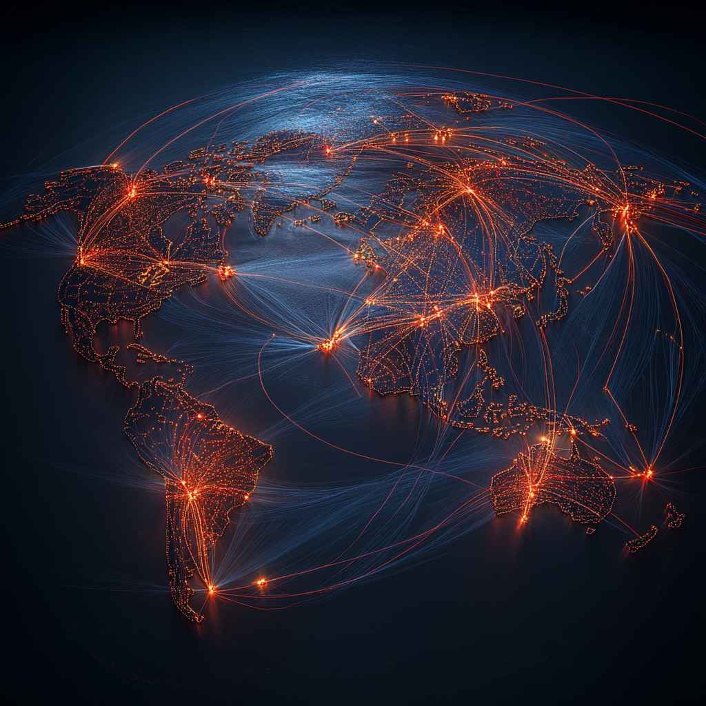 Global trade visualization highlighting tariff-affected routes, focusing on U.S.-China trade relations.