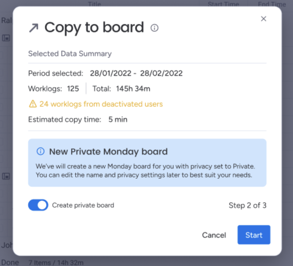 The Copy to board process now displays the number of worklogs from deactivated users