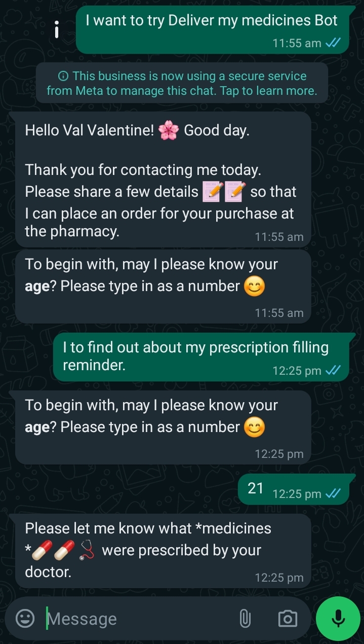 A prescription filling reminder message on WhatsApp to a patient from a healthcare institution