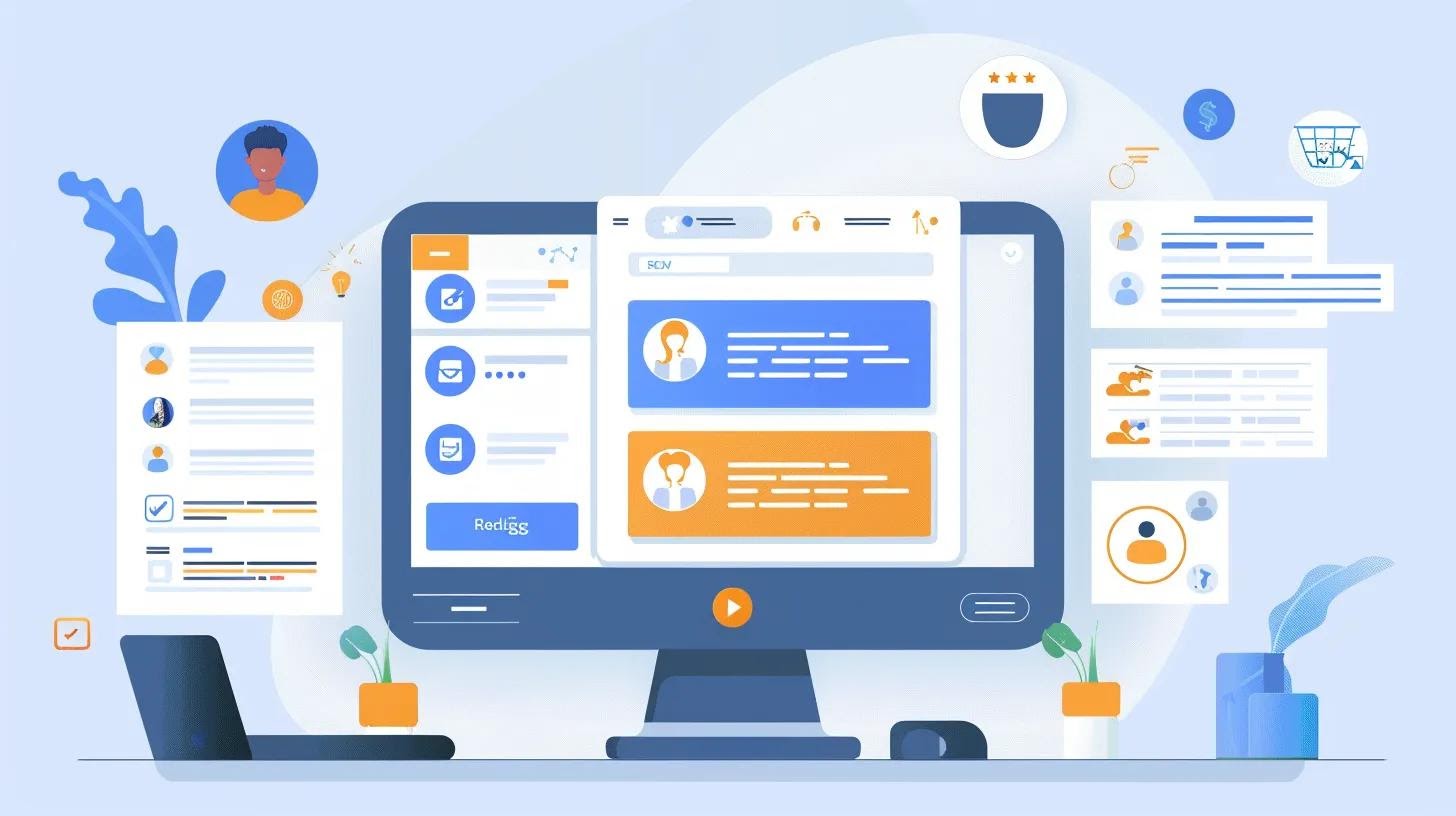 A stylized feature checklist on a touchscreen interface, with icons representing CRM integration, lead tracking, AI recommendations, task automation, and analytics—minimalist and modern layout.