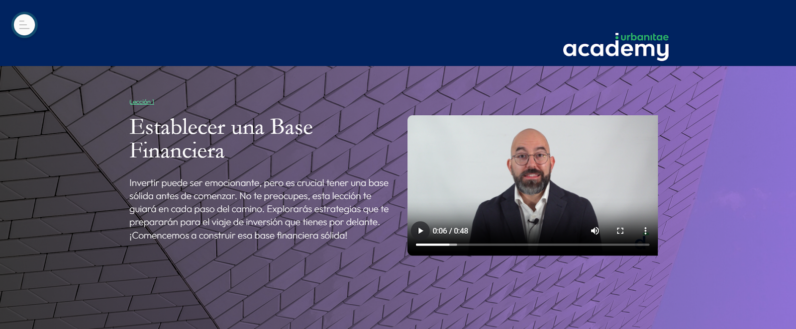 Vista del comienzo del Módulo 1 de Urbanitae Academy, la plataforma adaptativa de aprendizaje en inversión desarrollada por Urbanitae. 