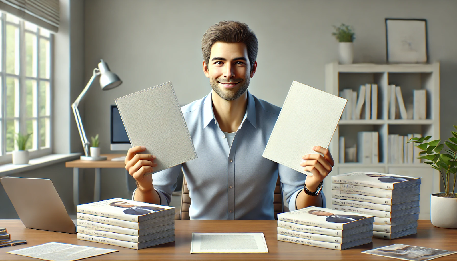 A smiling man in a light blue shirt holds two blank documents at his desk, surrounded by books.