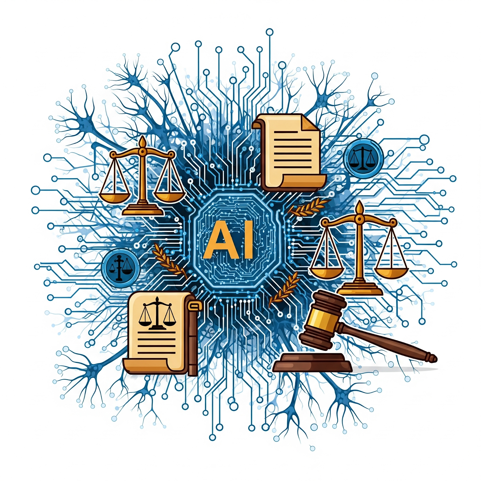 Digital graphic showing AI integration with law and data tracking