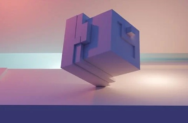 Floating 3D cube on a colorful background.