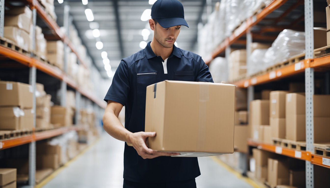 A package is placed in an Amazon FBM warehouse. A worker picks it up, packages it, and ships it to the customer