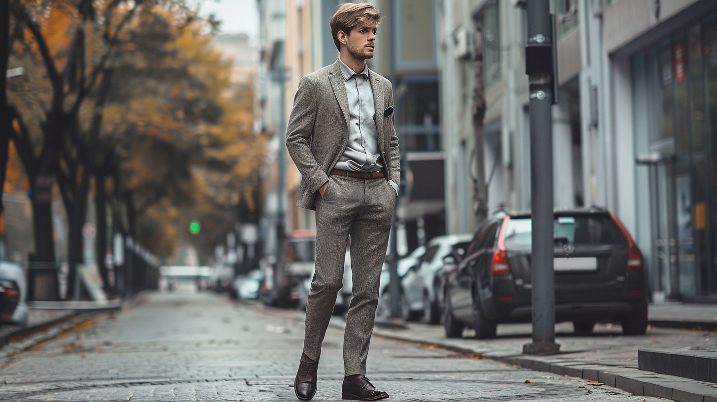 Fashion-forward man in slim or tapered pants; tailored silhouette; paired with a fitted blazer; urban or office background; modern and stylish vibe