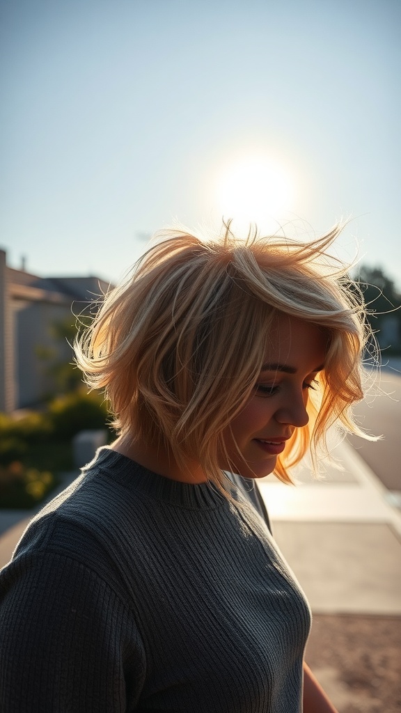 A woman with a sassy layered haircut stands outside, smiling softly, with the sun glowing behind her.