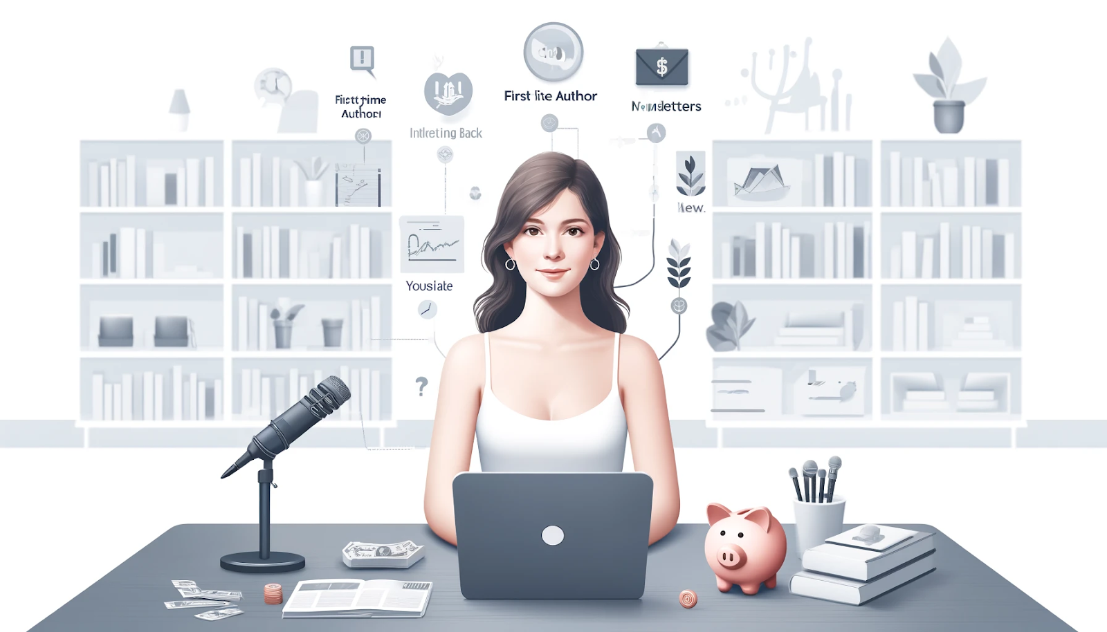 A young woman sits at a desk with a laptop, microphone, books, and a piggy bank, surrounded by floating icons related to authorship and publishing, with bookshelves in the background.