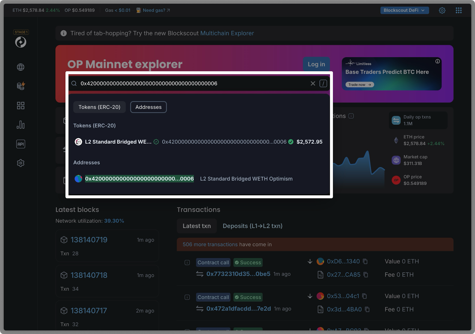 OP Mainnet explorer search results showing L2 Standard Bridged WETH token contract address with $2,572.95 value, latest blocks, transactions, and network utilization at 39.30% on Optimism blockchain