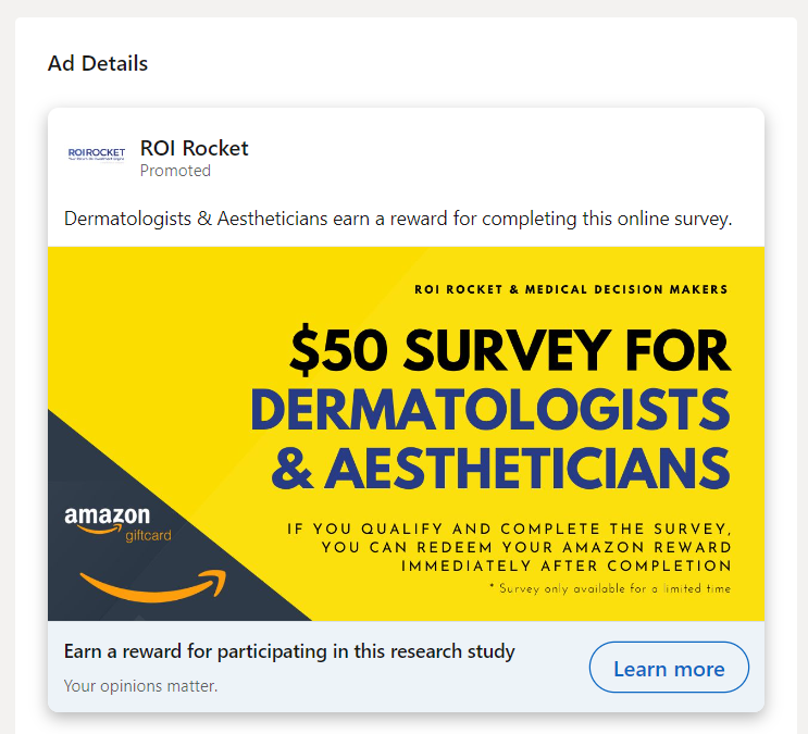 Ad promotion for paid survey RE: Dermatologists and aestheticians