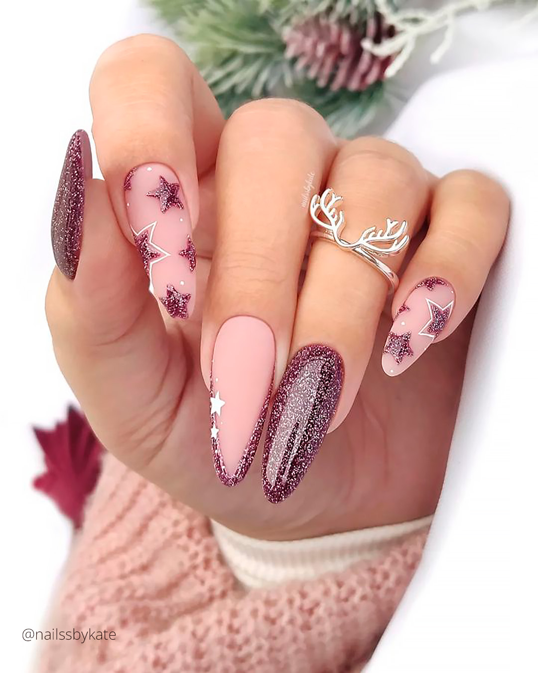 winter wedding nails long with stars pink and glitter nailssbykate