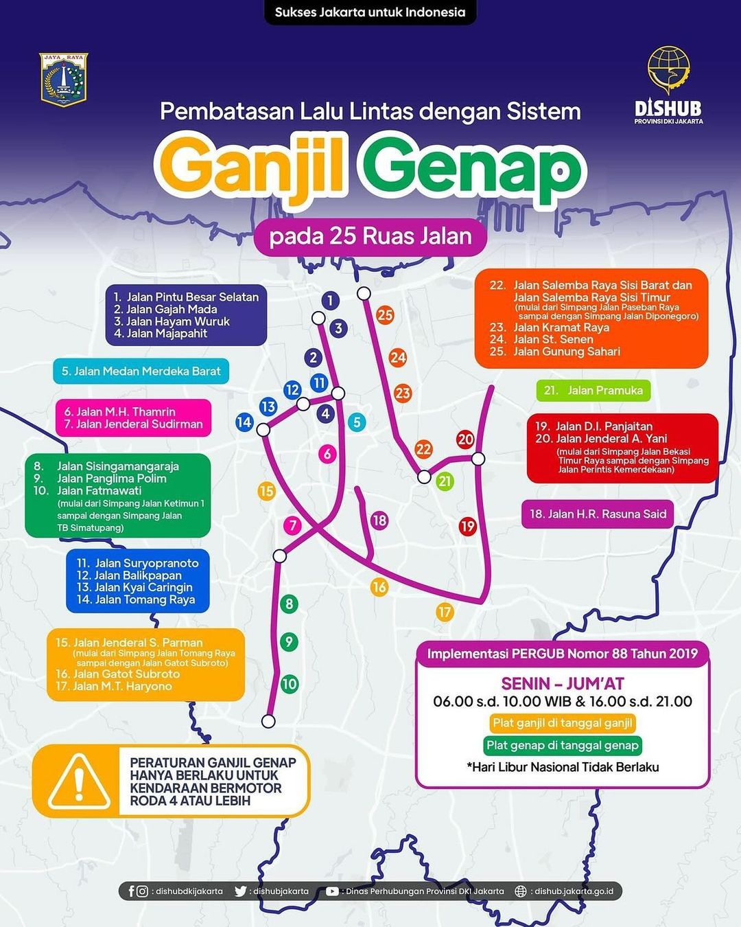 25 ruas jalan di Jakarta untuk sistem ganjil-genap. Sumber:&nbsp;@dkijakarta