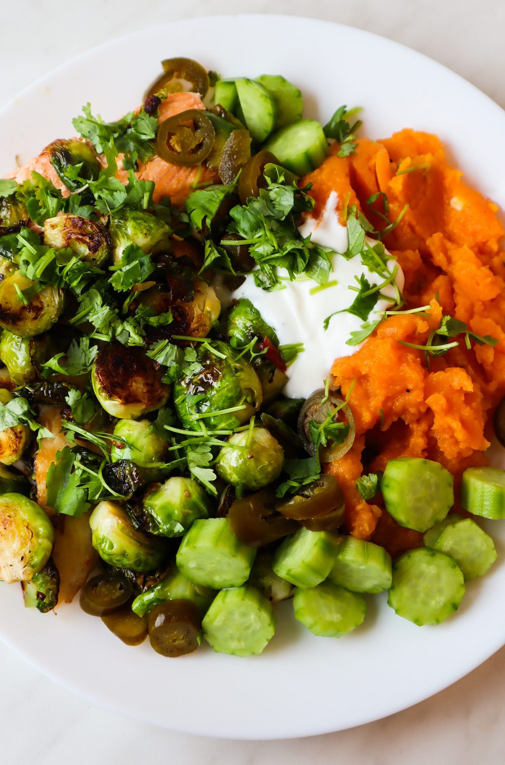 Healthy Salmon Bowls with sweet potato mash and Brussels sprouts