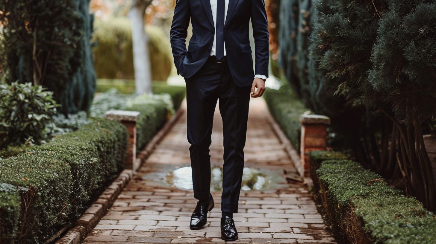 A man in a tailored two-piece navy suit with a white dress shirt and dark tie, polished black shoes, standing at an elegant wedding venue. Timeless and refined, perfect for a groom or guest.