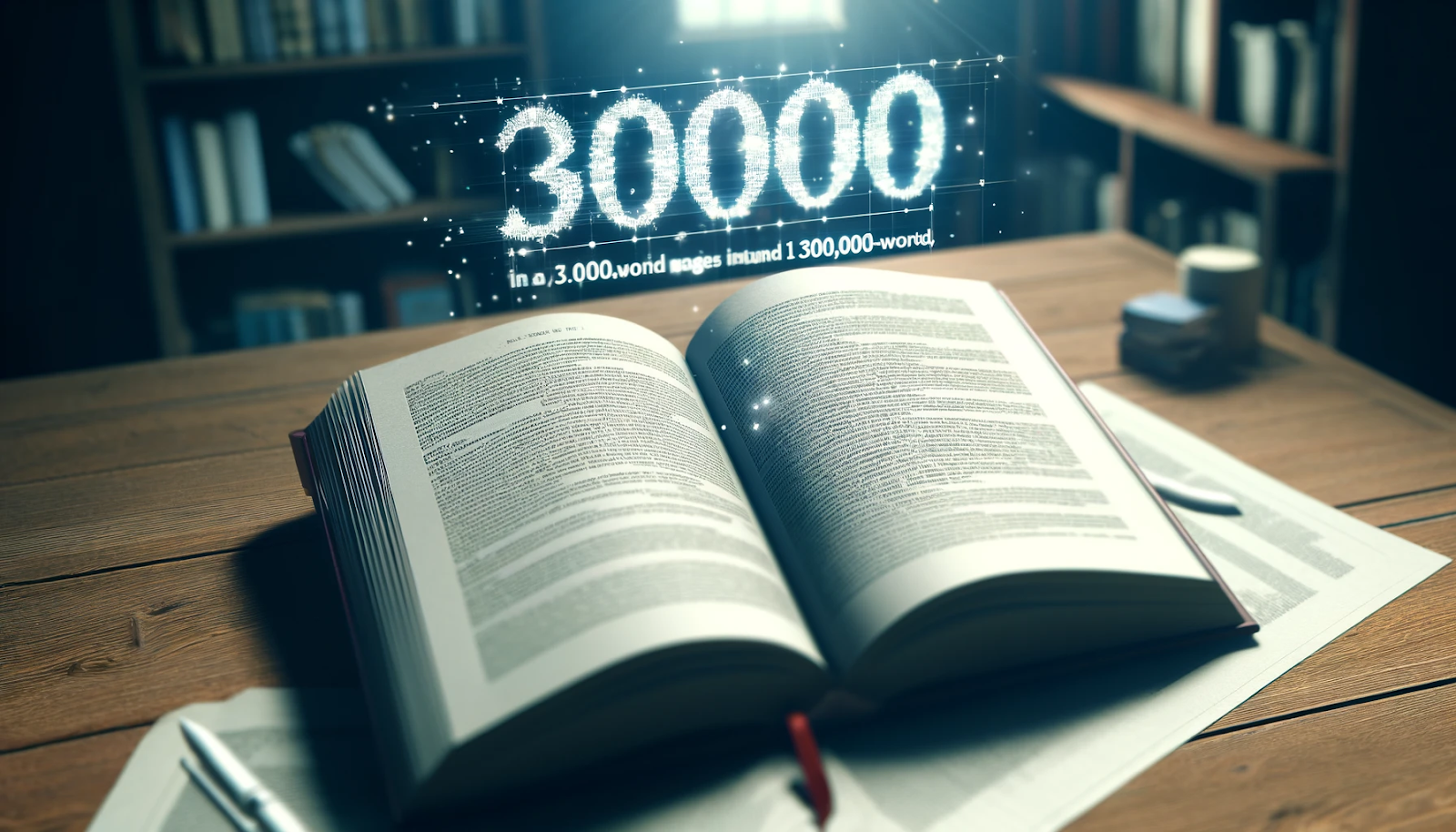 pen book on a wooden table with '30,000' glowing in the air.