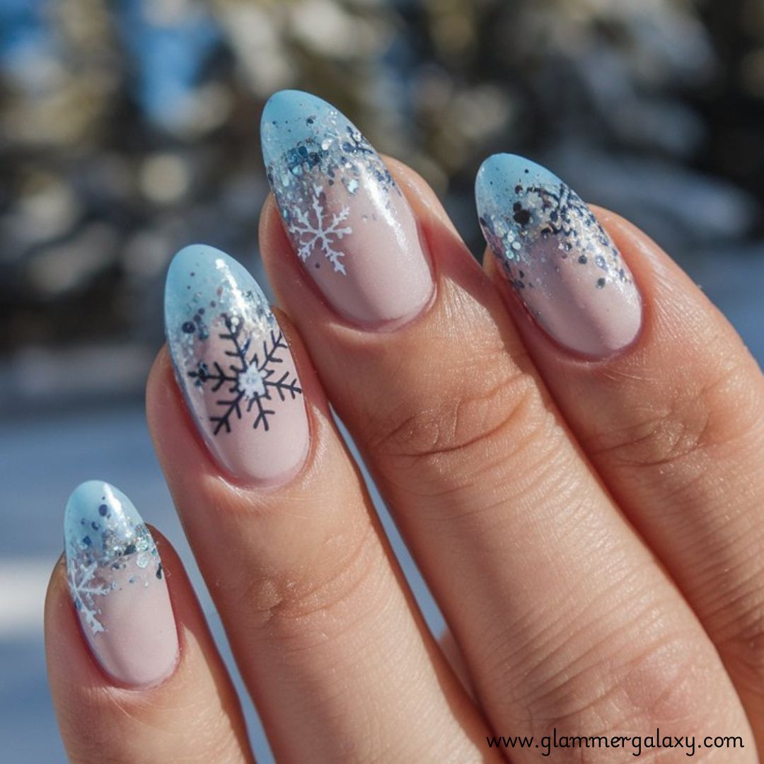 Snowflake Nails having Icy Blue Winter Nail Art
