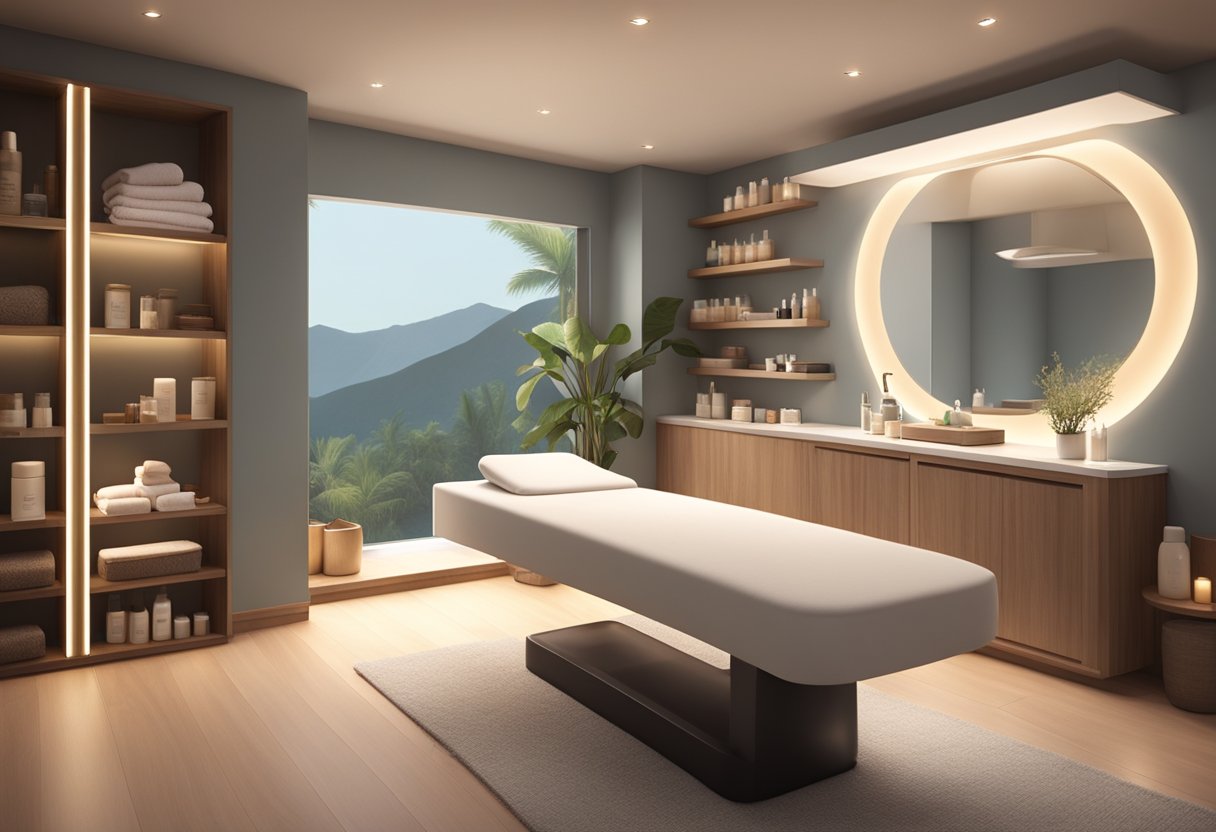 A serene spa room with a comfortable facial bed, soft ambient lighting, and shelves of skincare products. A licensed esthetician performs a relaxing facial on a client