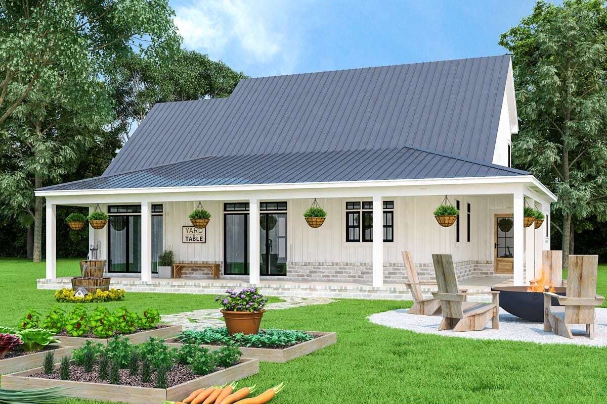 Alternate rear exterior showcasing a board and batten siding highlighted by stone accents.