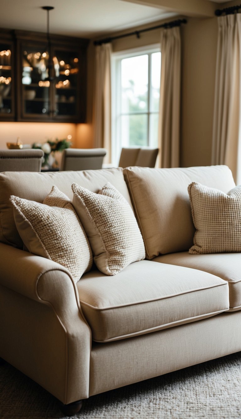 A cozy beige sofa with throw pillows sits in a warm, inviting living room