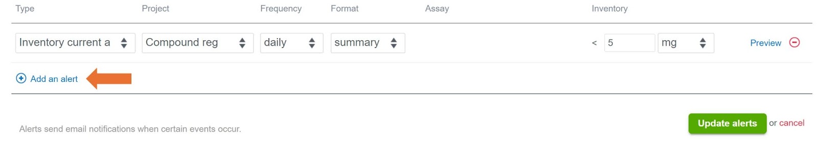 Image displays a tab to add alerts for each unit of measurement.