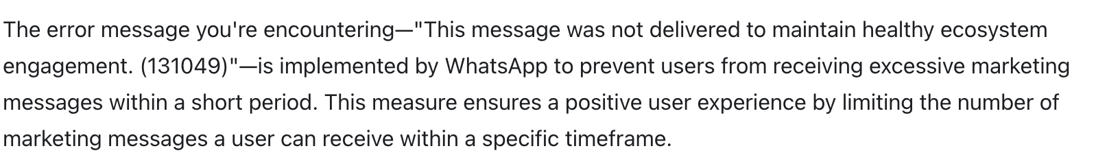 WhatsApp Template Error 131049 to maintain healthy ecosystem