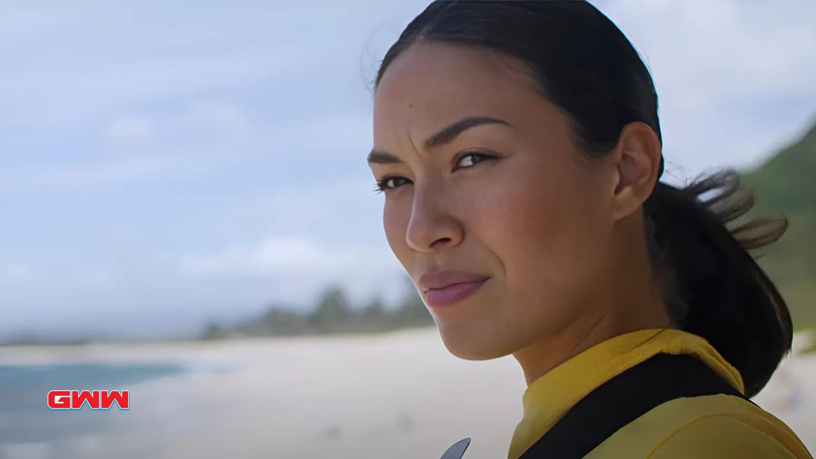 A close-up of Zoe Cipres as Hina Alexander in Rescue Hi Surf