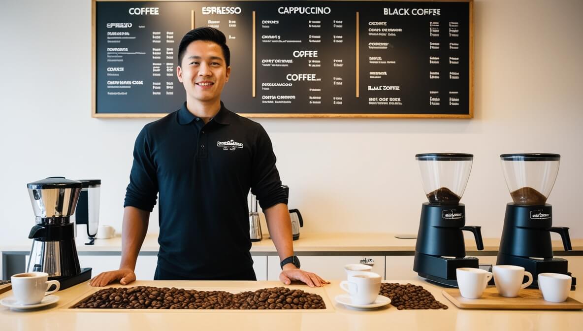 The image shows a barista standing behind a counter in a modern coffee shop. He is smiling, wearing a black polo shirt with the shop's logo. In front of him are coffee beans spread out on the counter, along with several coffee cups. Behind him, there is a large menu board displaying various coffee options like espresso, cappuccino, and black coffee. Two grinders filled with coffee beans and a drip coffee machine are also placed on the counter. The overall setting is bright and clean, emphasizing the focus on coffee preparation.