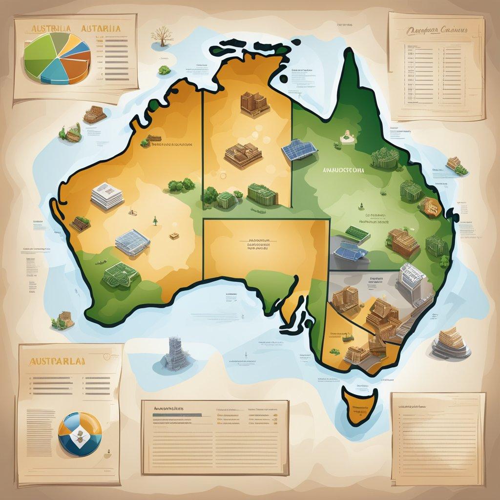 A detailed map of Australia with various legal documents and regulations scattered around it, representing the complex legal landscape of the online casino market