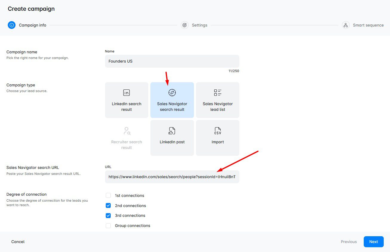 Campaign interface with name, lead source, URL and LinkedIn connection degrees.