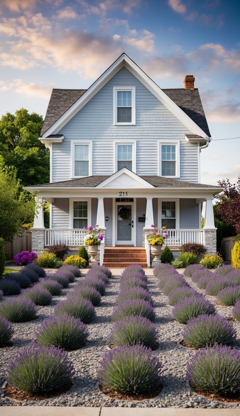 A quaint house with 21 lavender flower beds in the front yard